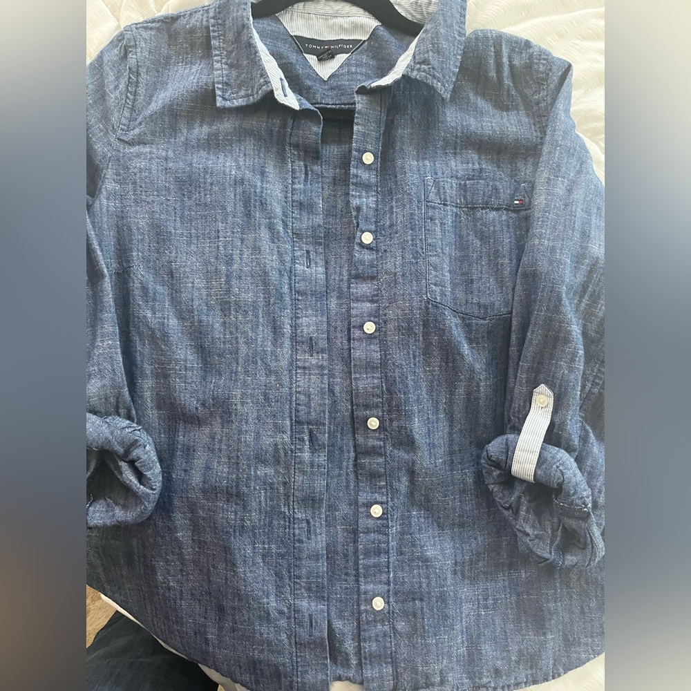 Tommy Hilfiger denim pinstripe Polo Collar Button Down Shirt roll tan detail L - Picture 3 of 6